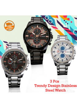 3 Pcs Curren Trendy Design Stainless Steel Watch For Men, 8274, Silver